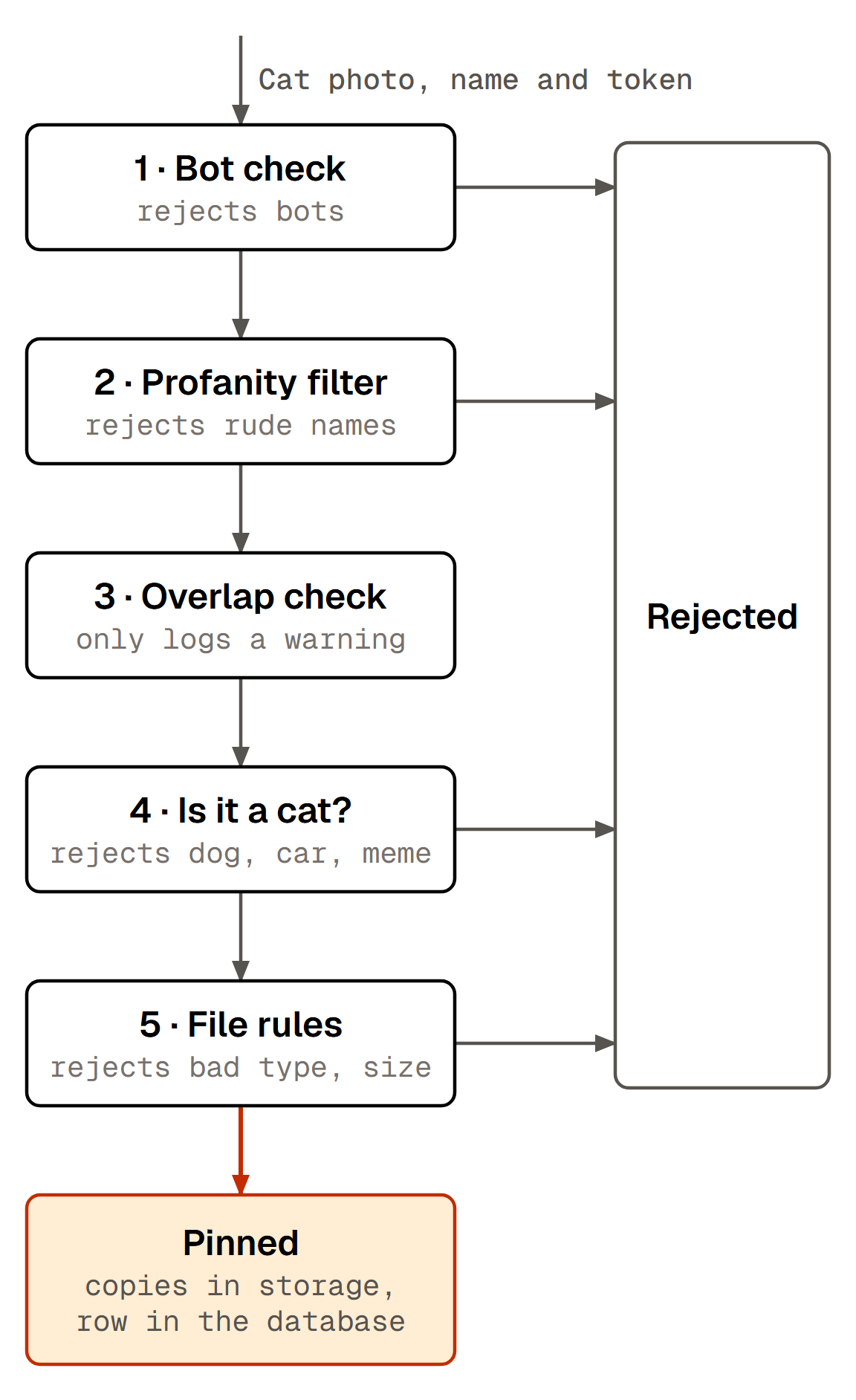 The five upload checks, top to bottom: bot check, profanity filter, overlap check, cat check and file rules. All but the overlap check can reject the upload; it only logs a warning. A cat that passes all five is pinned.